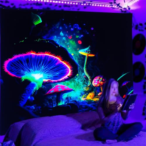 Blacklight Mushroom Tapestry Glow In The Dark Fantasy Forest Tapestry UV Reactive Magic Tapestries Wall Hanging Decor for Bedroom Dorm Living Room