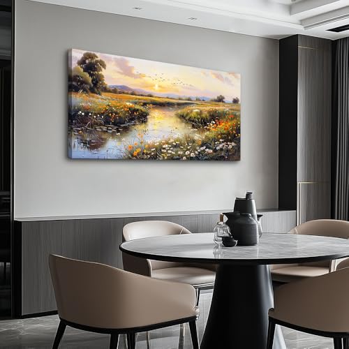 Canvas Wall Art For Bedroom Wall Decoration For Living Room Restaurant Office Decor Rivulet View Painting Farmhouse Field Scenery Watercolour Pictures Printing Artworks Home Decor 20x40In