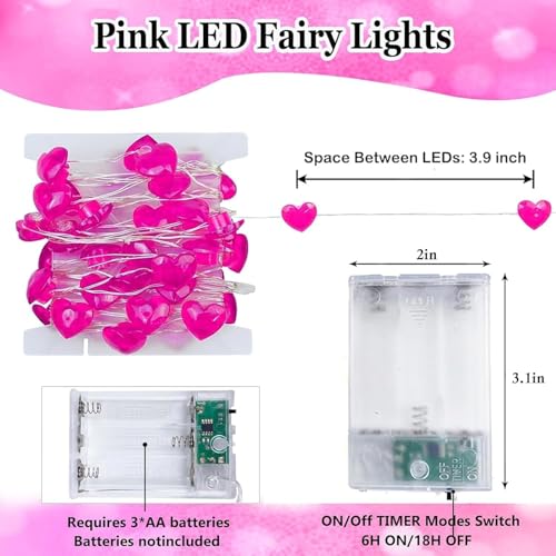 Pink Heart Fairy Lights Battery Operated 10FT 30LED Valentines String Light