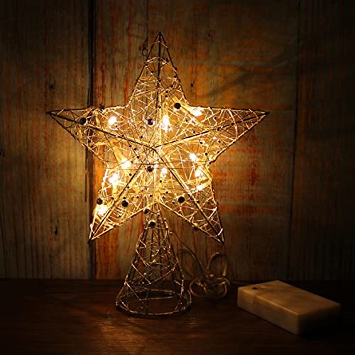 Silver Wire Woven Tree Top Star with Bright White LED Lights and Timer for Christmas Ornaments and Holiday Seasonal Décor