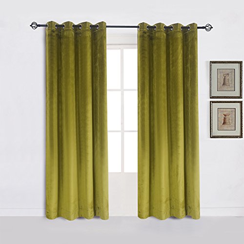 Super Soft Luxury Room Darkening Velvet Moss Green Thermal Blackout Curtain Panel Drapes Grommet Draperies Eyelet 52Wx63L inch Green Yellow