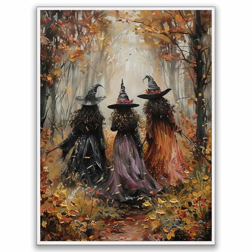 Vintage Three Witches In The Forest Painting Witch Print Witchy Canvas Print Halloween Wall Art Halloween Decor Witch Poster Dark Academia Gothic Room Decor for Dorm Bedroom 12x16in Unframed