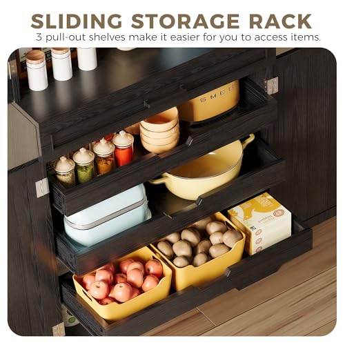 72" Farmhouse Kitchen Pantry Cabinet with Sliding Storage Rack