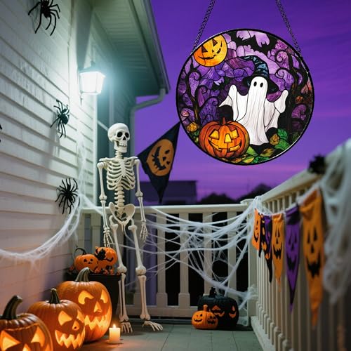 Stained Glass Window Hanging Halloween White Ghost Black Bat 9.8"