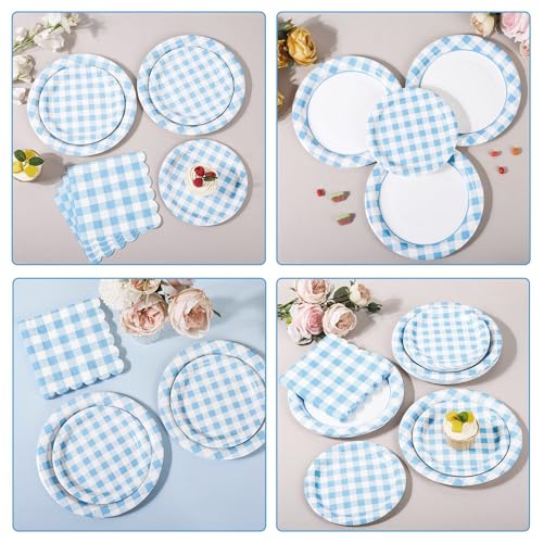 150 Pcs Light Blue Gingham Paper Plates and Napkins (150 Count)