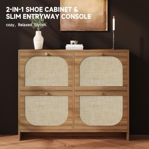 Freestanding Ultra Slim Arched Rattan Accent Shoe Storage Cabinet for Entryway