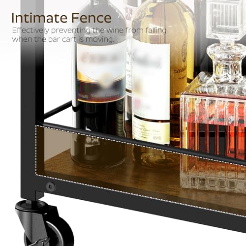 Bar Cart, 3-Tier Home Bar Serving Cart with Wheels, Drink Cart with Glass Holder, Beverage Cart, Rolling Kitchen Cart, for Home, Living Room, Rustic Brown and Black BC03BR
