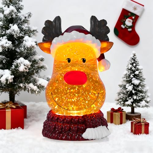 Christmas Snow Globe Reindeer Lighted Musical Glitter Globe Battery Operated or USB Powered with Timer Water Glittering Snowing Globe for Christmas Party Home Table Decorations Gifts