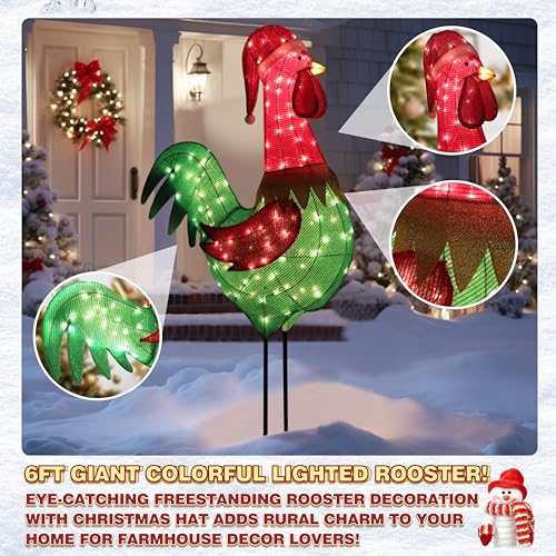 6FT Lighted Rooster with Christmas Hat for Outdoor Christmas Decorations