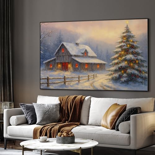 46"x72" Extra Large Framed Wall Art Rustic Winter Cabin with Christmas Tree and Snowy Landscape for Home Living Room Bedroom Decor