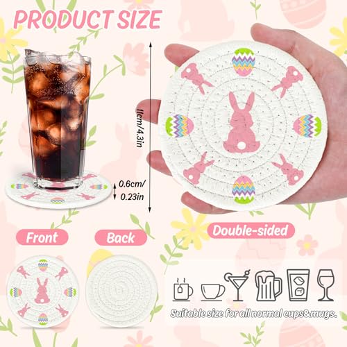 4Pcs Easter Coasters Bunny Rabbit Egg Handmade Braided Cotton Drink Coasters Pink White Absorbent Anti Slip Round Tabletop Protection for Home Office Spring Party Tableware Decor Gift (4 Count)
