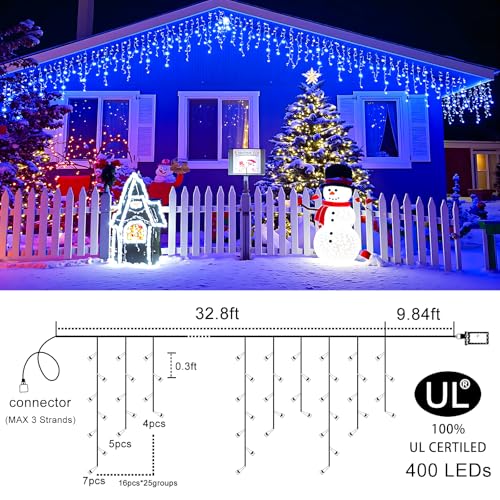 33FT Icicle Lights for Outside 400 LED Blue Christmas Lights Outdoor