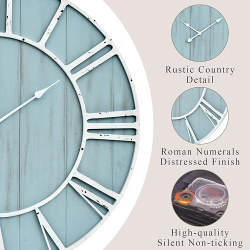 Large Farmhouse Wall Clock 30 Inch Vintage Blue Wooden Wall Clock with Quiet Ticking and Minimalist Roman Numerals for Bedroom Living Room Office Kitchen Home Decor