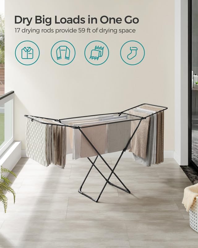 SONGMICS Clothes Drying Rack, Metal Laundry Drying Rack, Foldable, Space-Saving, Free-Standing Airer, with 2 Gullwings, Indoor Outdoor Use, Bed Linen Clothing, Black ULLR540B01 - NestledHome