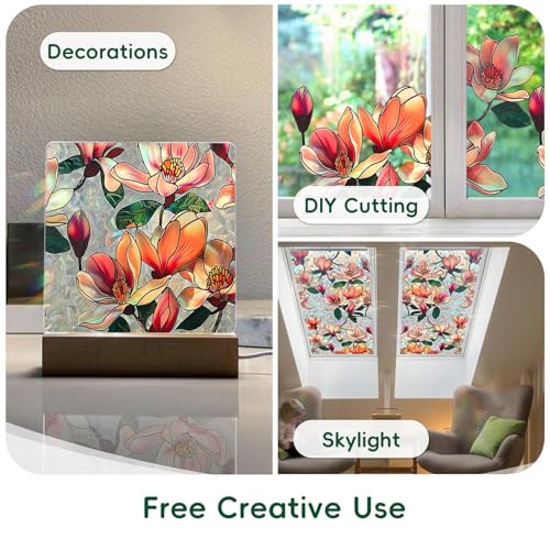 Window Privacy Film Decorative Stained Glass Window Film Rainbow Magnolia Floral Static Cling Non