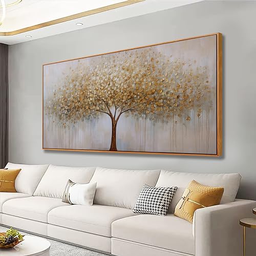 Wall Art Gold Abstract Tree of Life Framed Modern Artwork Canvas Painting Textured Tree Pictures Wall Decor Home Decor Wall Ready to Hang for Bedroom Living Room Size 58" Lx29 W
