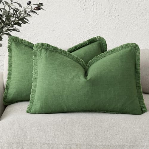Boho Linen Fringe Lumbar Throw Pillow Covers 12×20 Forest Green (2 Count)