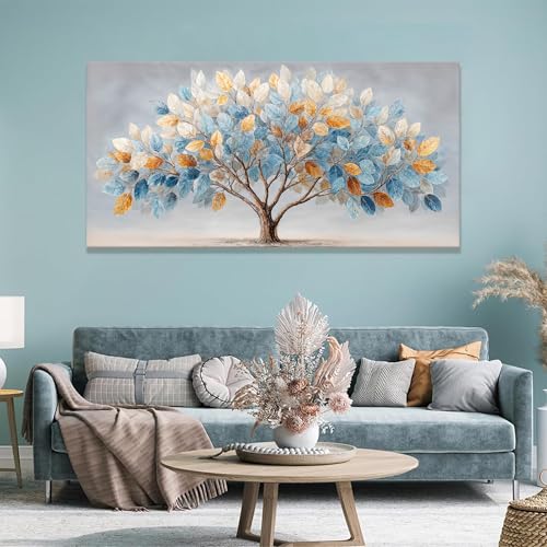 Oversized Canvas Wall Art Decor Botanical Nature Canvas Prints Blue Gold Gradient Leaf Tree Wall Art Decor For Living Room Modern Colorful Tree Canvas Art For Bedroom Home Office Decor 29"×58"