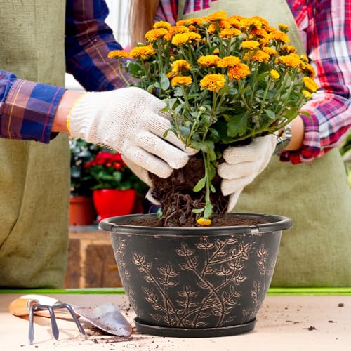 12-inch-Flower-Pots-Outdoor-Indoor, 4 Pack Plastic Planter Pots for Plant with Drainage Hole Saucer, Decorative Resin Garden Container with Tray (4 Count)