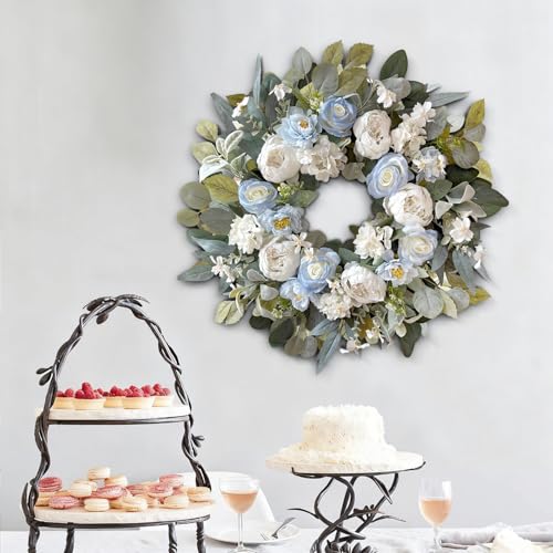 24 Inch Spring White Peony Wreath Baby Blue Rose Front Door