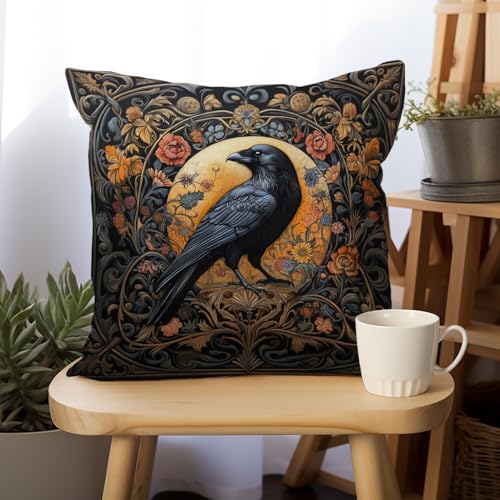 William Morris Abstract Vintage Floral Velvet Black Crow Design Throw Pillow Covers Home Decor