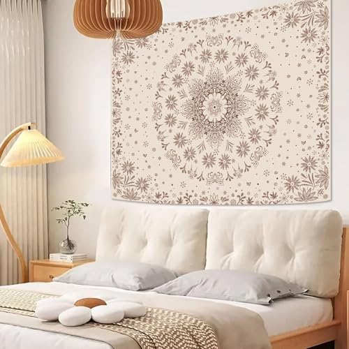 Boho Floral Mandala Tapestry Wall Hanging Bohemian Flower Medallion Tapestry Aesthetic Beige Brown Hippie Indian Small Tapestries for Bedroom Living Room Dorm Decor 40 x 30 Inch