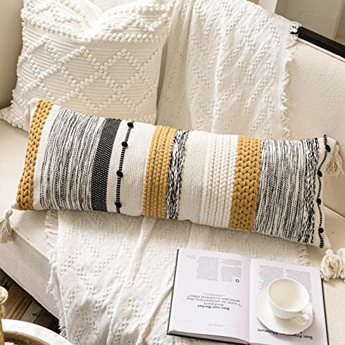 Decorative Lumbar Throw Pillow Cover 14x36 Boho Long Cushion for Bed Yellow Mustard Accent Farmhouse Pillowcase for Bedroom Living Room Couch Sofa Home Décor Cover ONLY