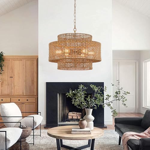 23.8" Gold Rattan Chandelier