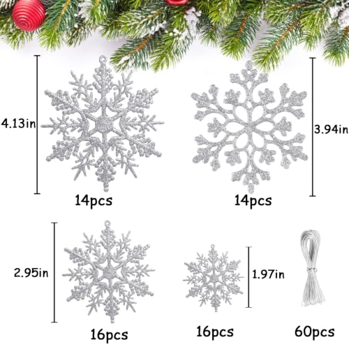Glitter Christmas Silver Plastic Snowflake Ornaments for Winter Holiday (60 Count)