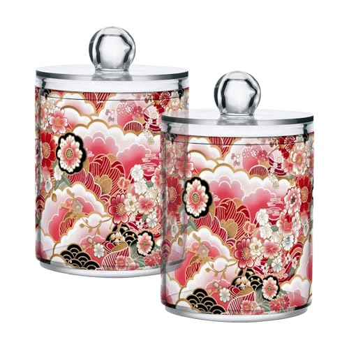 2 Pack Qtip Holder Organizer Dispenser Japanese Flowers Pattern Bathroom Storage Canister Cotton Ball Holder Container for Cotton Pads (2 Count)