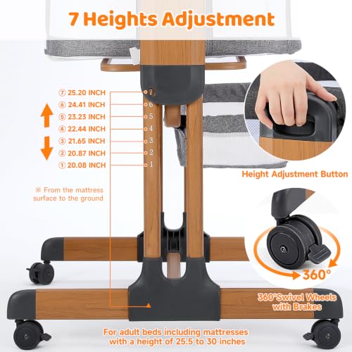 3-in-1 Baby Bassinet, Rocking Baby Bassinets Bedside Sleeper, Adjustable Portable Crib for Newborn Infant with Wheels Storage Basket and Mesh Sides