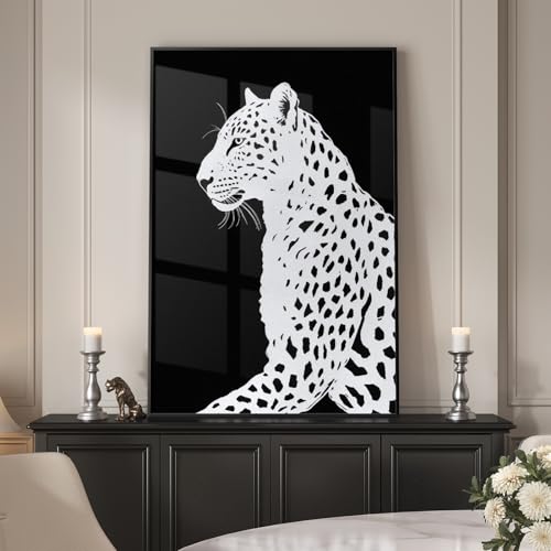 Large Framed Modern Black and White Leopard Wall Art