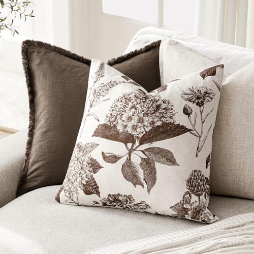 Set of 2 Linen Floral Throw Pillow Covers Neutral Vintage Print Decorative Cushion Covers Farmhouse Boho Home Decor for Sofa Chair Couch Bedroom Living Room (2 Count)