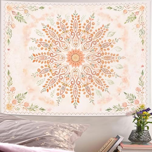 Floral Mandala Tapestry Boho Tapestry for Bedroom Peach Tapestries Wall Hanging Living Room Wall Art and Home Decor 44x60