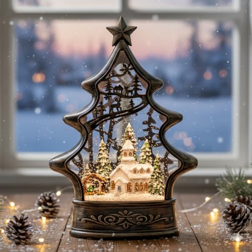 Christmas Snow Globe Lantern Water Glittering Church & Manger Scene with Music & Timer