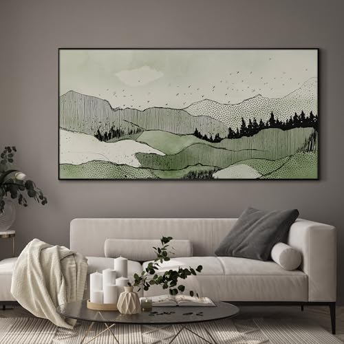24"x46" Extra Large Framed Wall Art Green Line Art Mountain Landscape Illustration for Home Living Room Bedroom Decor