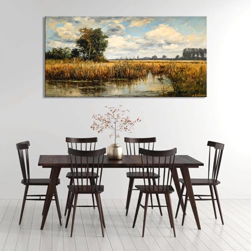 Beautiful Wilderness Meadow Canvas Wall Art Oil Painting Reproduction Print Vintage Wildflower Field Scenery Countryside Landscape Tree Rustic Retro Decor Artwork Country Farmhouse Living Room 58x28 Inches