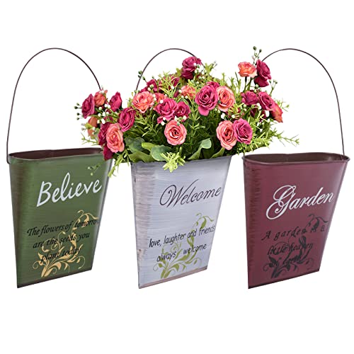 3Pcs 7.4" Tall Galvanized Metal Hanging Planter Rustic Wall Flower Bucket Echelon Wall Pot for Garden Balcony Indoor or Outdoor (3 Count)