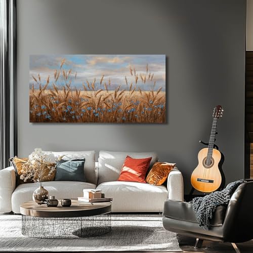 Flowers Wall Art Gold Cornfield Artwork Blue Sky Landscape Wall Decor Vintage Posters for Room Decor 24"x48" Wall Prints for Office Home Bedroom