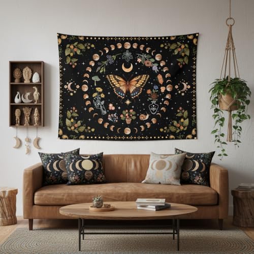 Yellow Butterfly Moon Flower Tapestry Botanical Floral Plant Boho Tapestry for Bedroom Aesthetic Vintage Tapestries Wall Hanging for Living Room Dorm