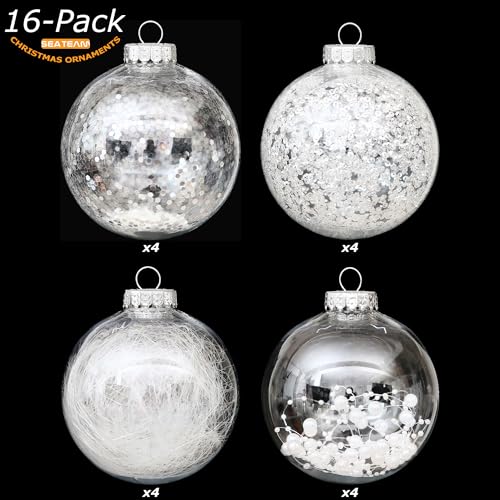 Shatterproof Clear Plastic Christmas Ball Ornaments Decorative Xmas Balls Baubles Set with Stuffed Delicate Decorations (16 Count)