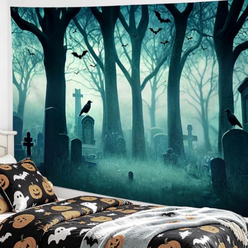 Halloween Forest Tapestry Spooky Cemetery Bat Wall Decor 60Wx40L Inch