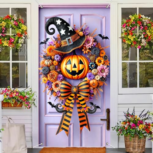 Halloween Witch Pumpkin Door Cover 35x71 Inch Fabric