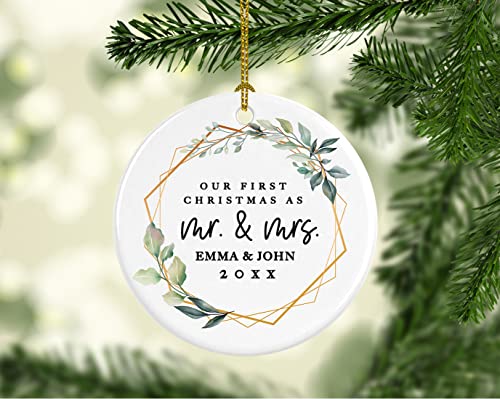 Personalized Our First Christmas As Mr. & Mrs. 2026 Christmas Ornaments Geometric Greenery 2.8" Round Porcelain Ceramic 1st Year Married Custom Ornament for Newlyweds Keepsake 1