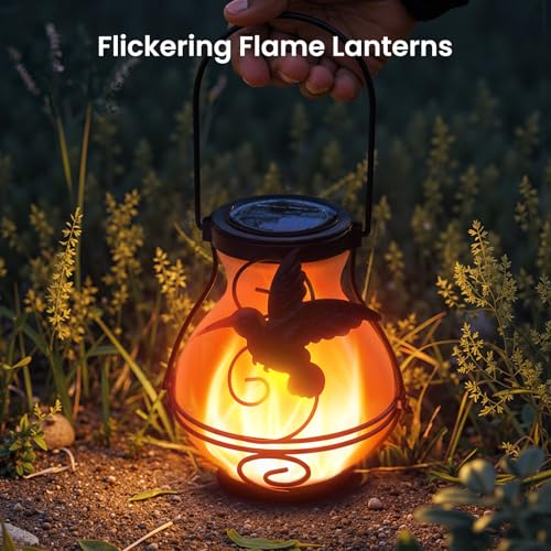 4 Pack Solar Lanterns Outdoor Waterproof Flickering Flame Lights Hummingbird Metal Hanging Solar Lantern Patio Porch Garden Decoration (4 Count)