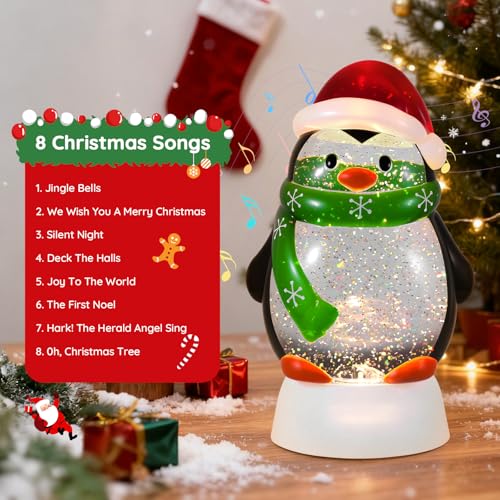 Christmas Snow Globe Penguin Lighted Musical Glitter Globe Battery Operated or USB Powered with Timer Water Glittering Snowing Globe for Christmas Party Home Table Decorations Gifts