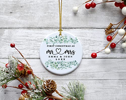 Personalized Our First Christmas As Mr. & Mrs. 2026 Christmas Ornaments Greenery Eucalyptus 2.8" Round Porcelain Ceramic 1st Year Married Custom Ornament Keepsake for Newlyweds 1