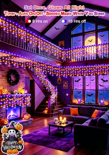 66FT 640LED Orange Purple Halloween Lights Outdoor 8 Modes Plug