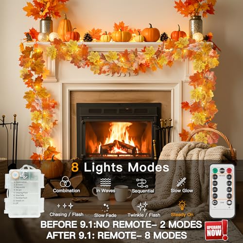 20 LED Fall Leaves Garland with Lights Battery Operated Timer Yellow