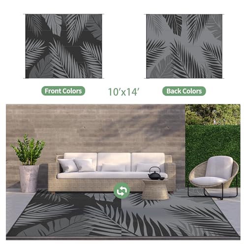 Outdoor Rug Waterproof Plastic Rugs 10'x14' for Camping Black Grey